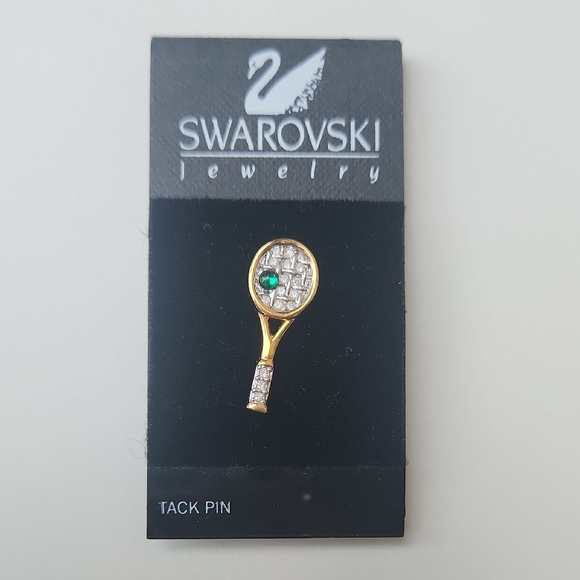 Swarovski Jewelry - Swarovski Gold Tennis Racket Brooch with Green and Clear Crystals